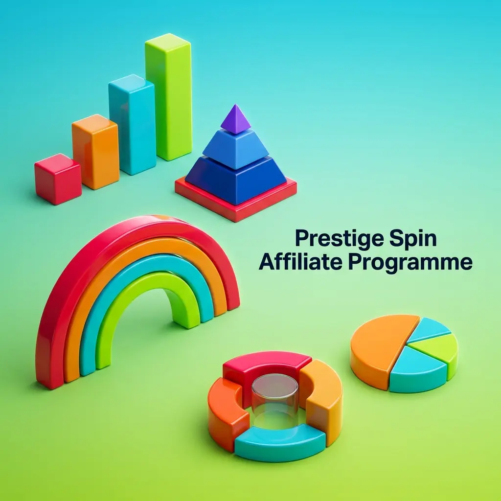 Prestige Spin affiliate programme dashboard showing tracking links, player stats, commissions, and revenue share models