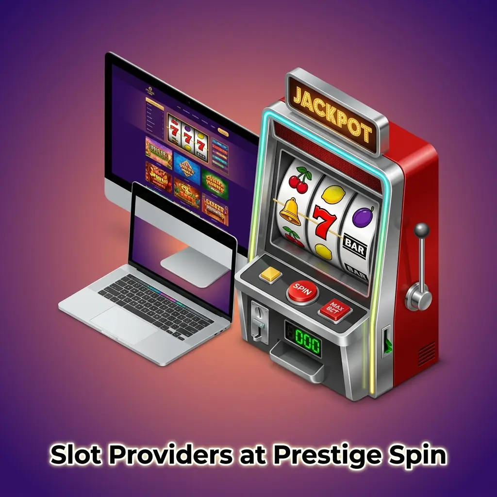 Prestige Spin slot providers logos including Pragmatic Play, NetEnt, Microgaming, Play'n GO and Big Time Gaming