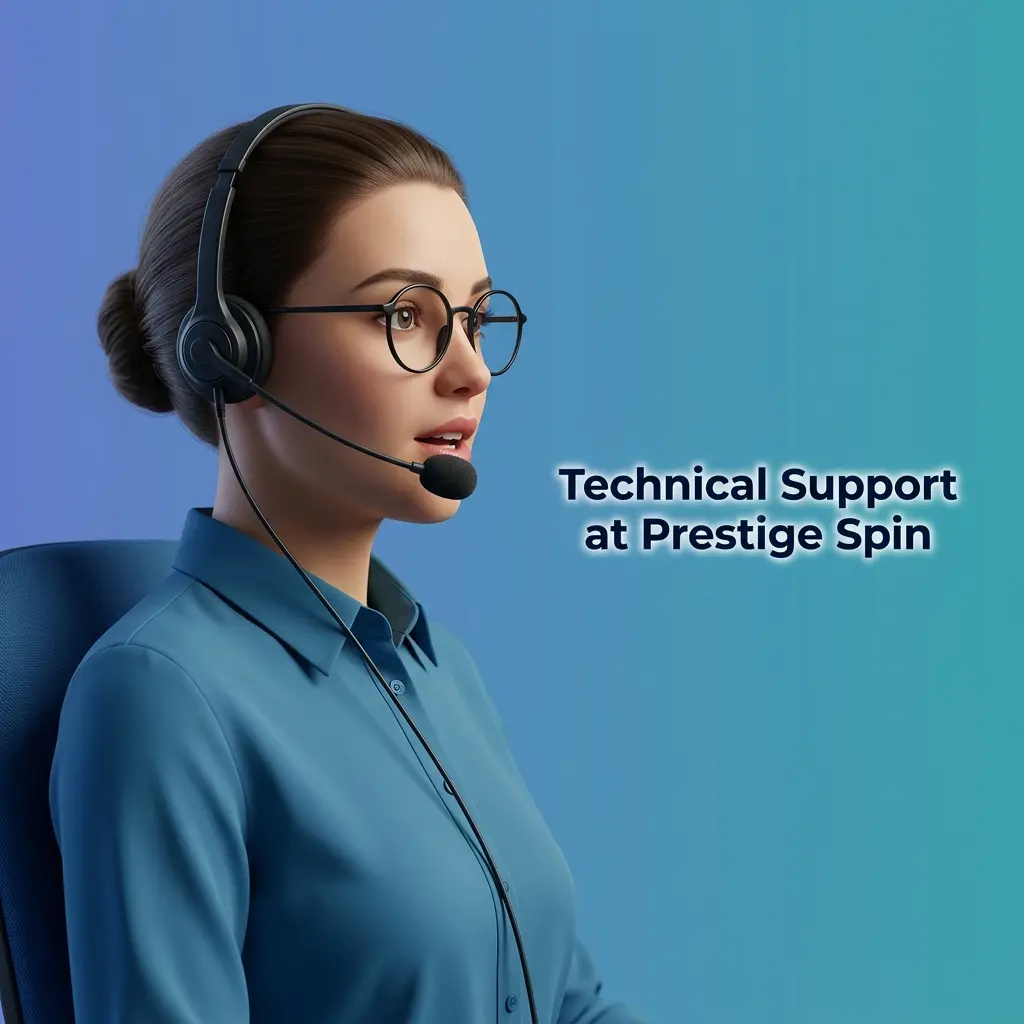 Prestige Spin technical support team helping a player resolve a game error or payment issue via live chat on a desktop screen
