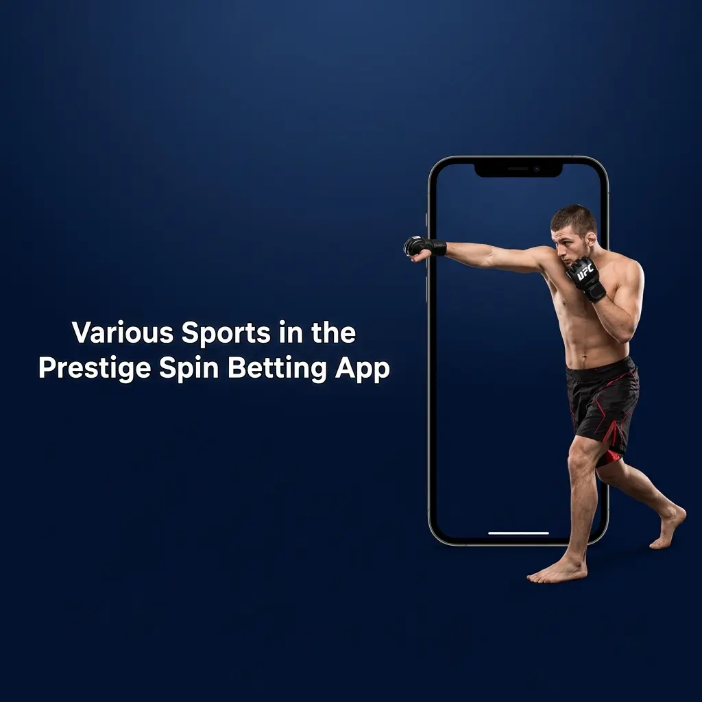 Prestige Spin betting app interface showing various sports and eSports options including football, tennis, basketball, and more