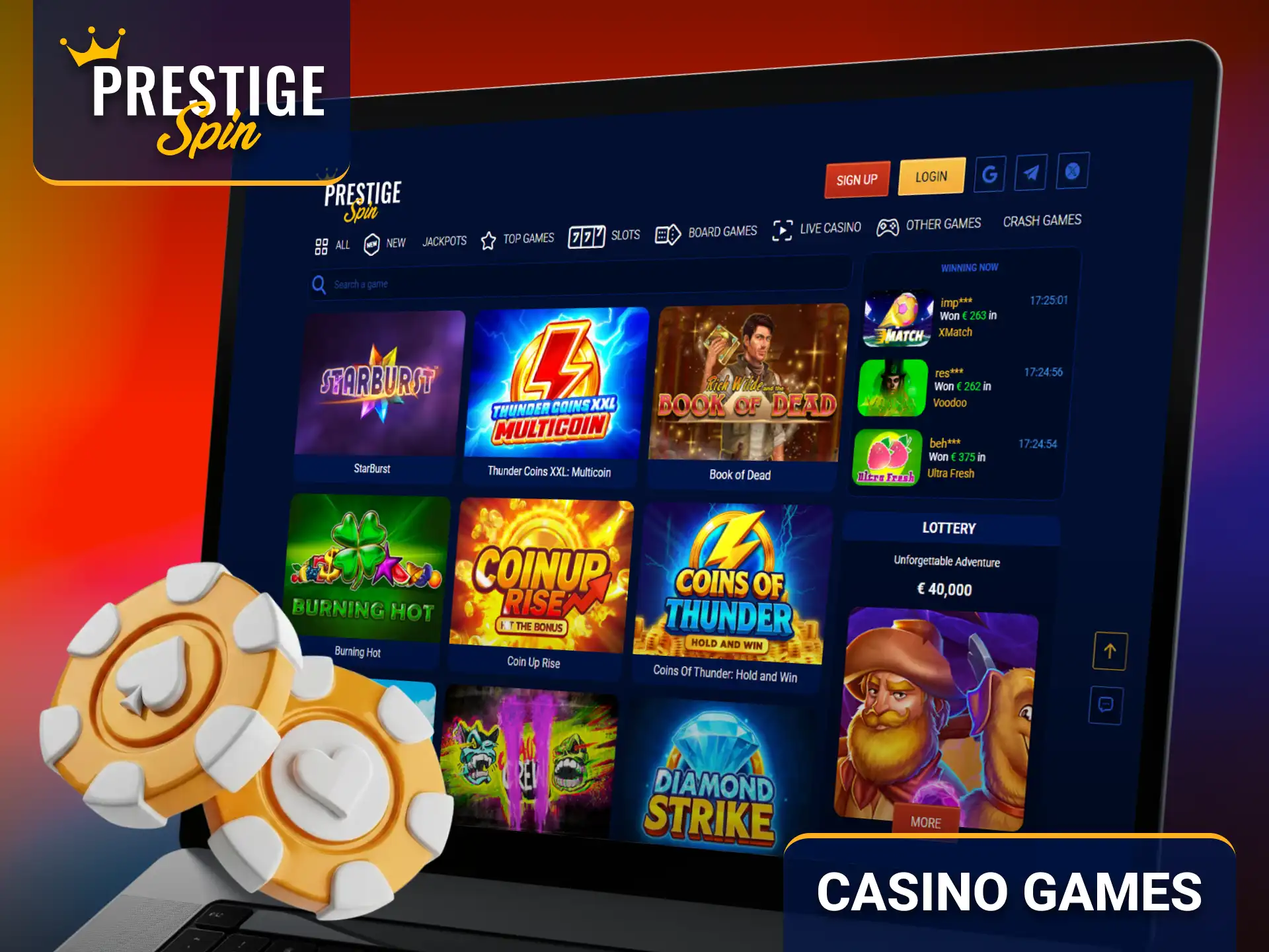 Discover casino games and entertainment available at Prestige Spin.
