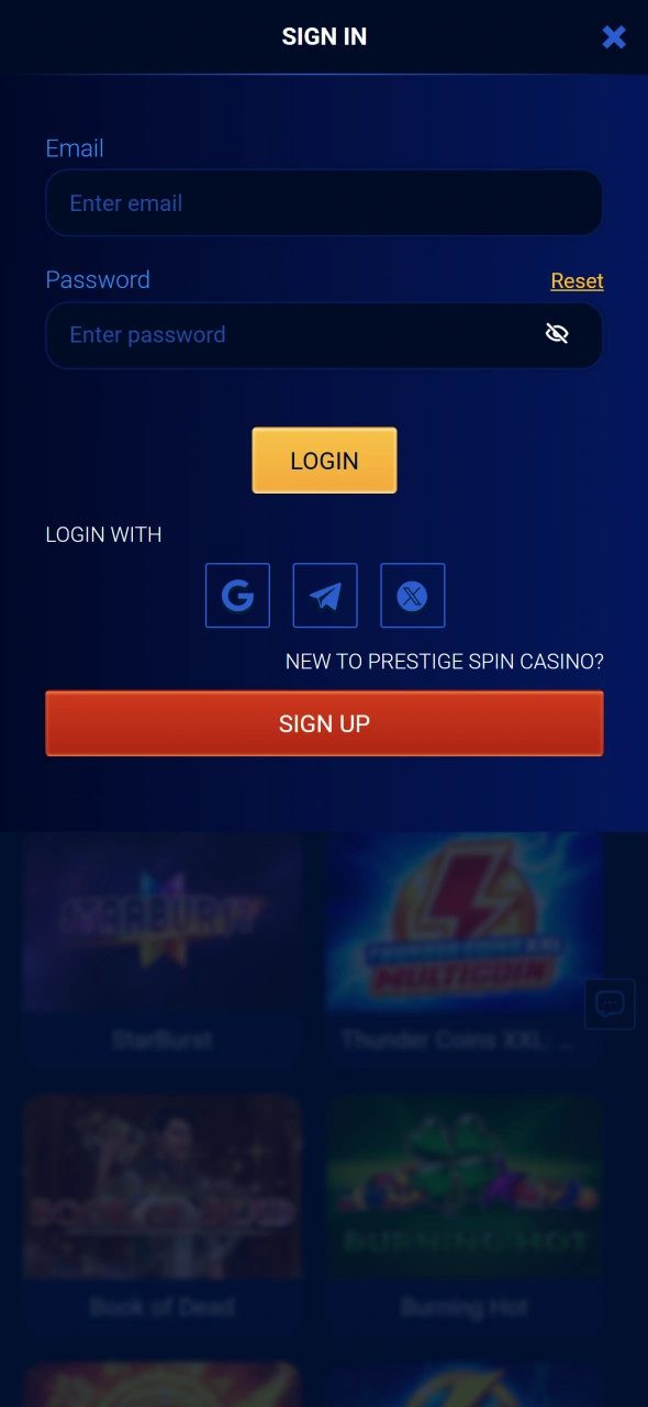 Launch the Prestige Spin mobile app and log in securely.