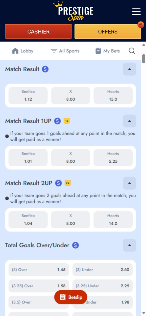 Choose betting markets and odds in the Prestige Spin app.
