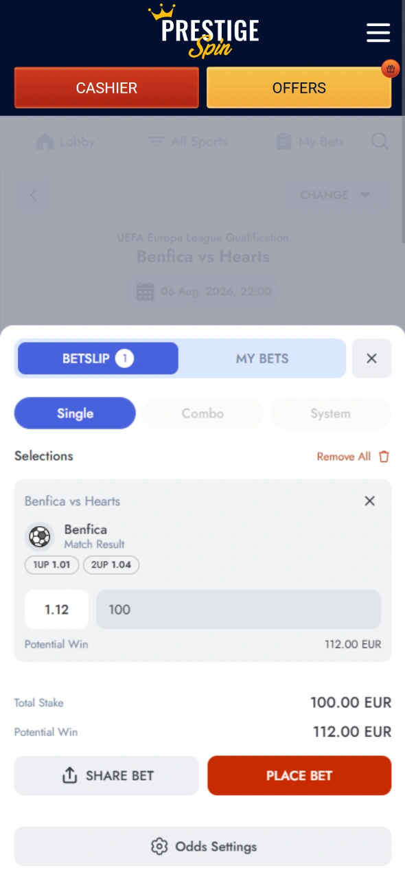 Confirm your bet through the Prestige Spin app and follow the outcome.