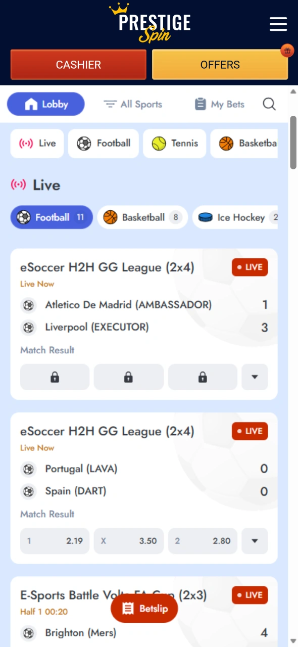 Navigate to the Prestige Spin sportsbook through the mobile application.