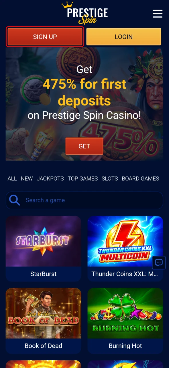 Tap the registration button in the Prestige Spin mobile application.