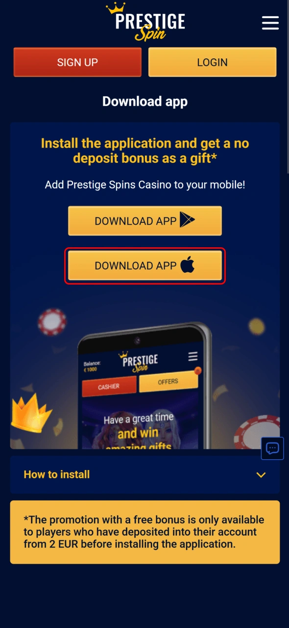 Visit this page to access the Prestige Spin iOS app download.