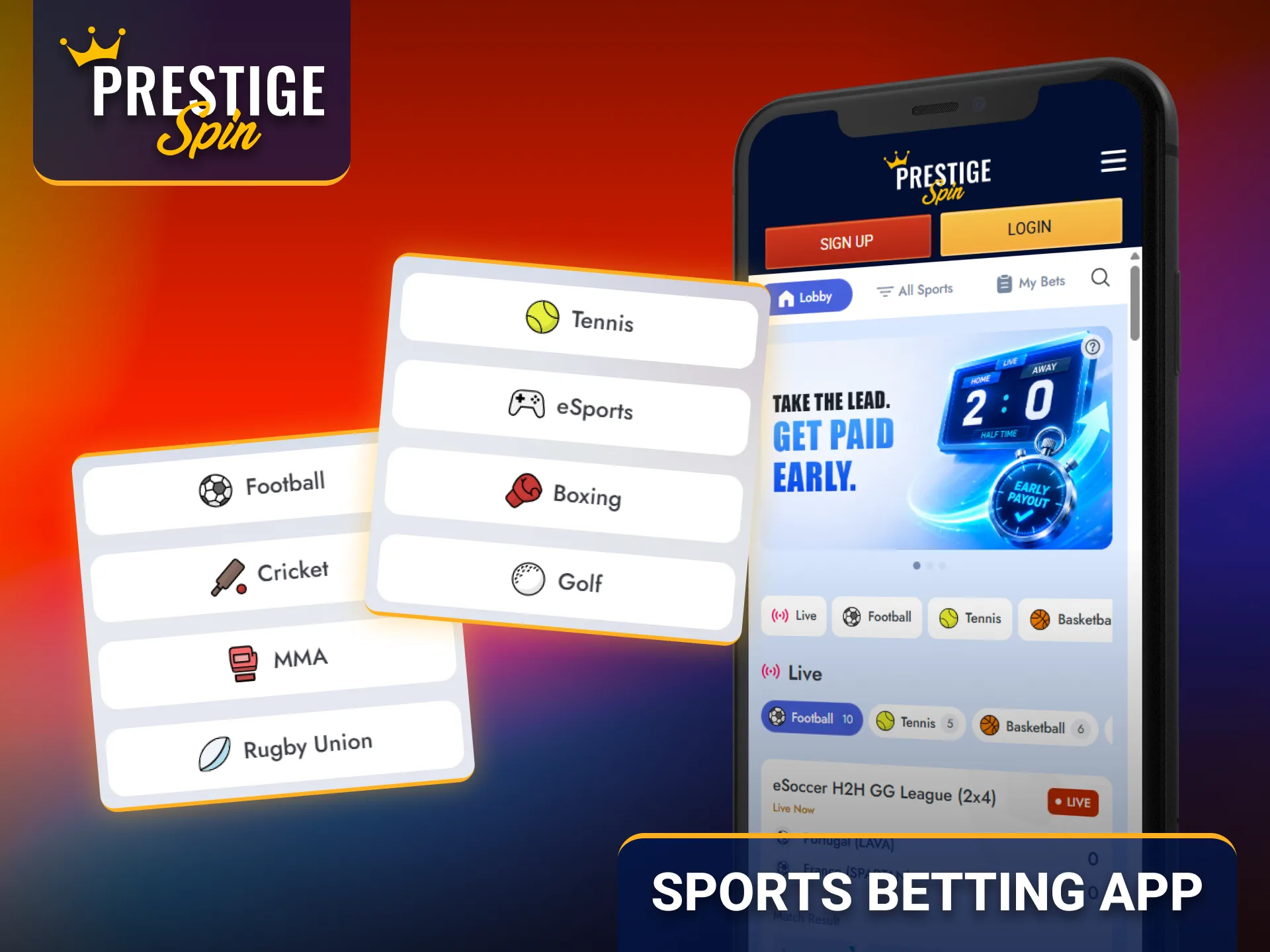 Explore multiple sports through the Prestige Spin betting application.