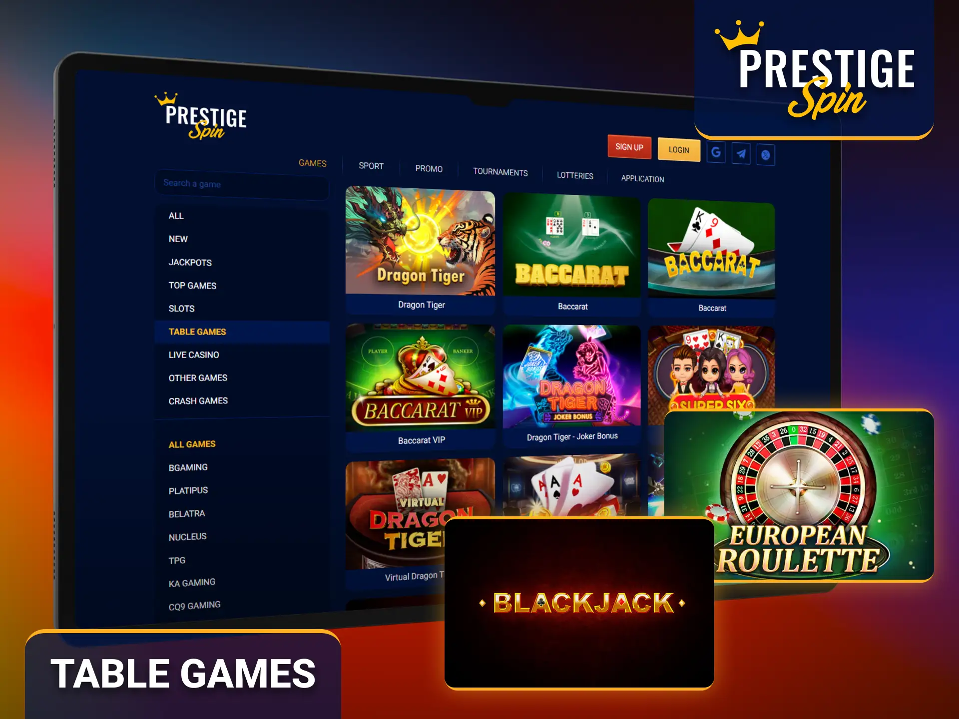 Play classic table games with the Prestige Spin casino anytime.