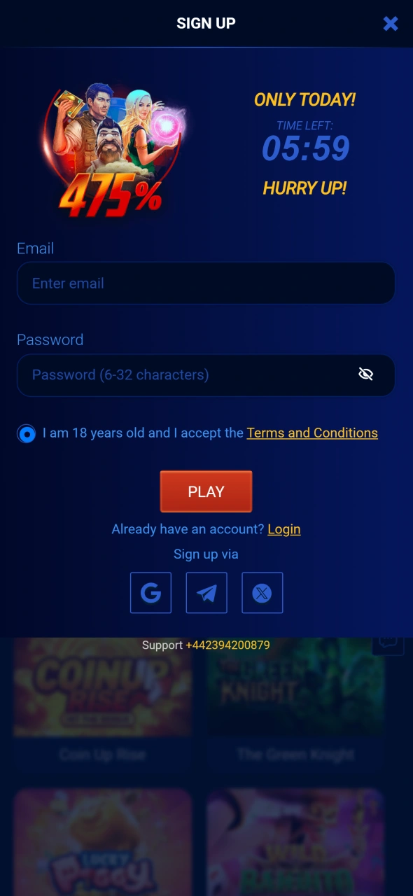 Create or log in to your Prestige Spin account before depositing.