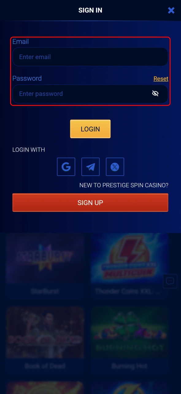 Enter your Prestige Spin account credentials into the mobile application.