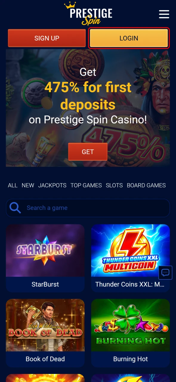 Open the Prestige Spin mobile application to begin signing in.