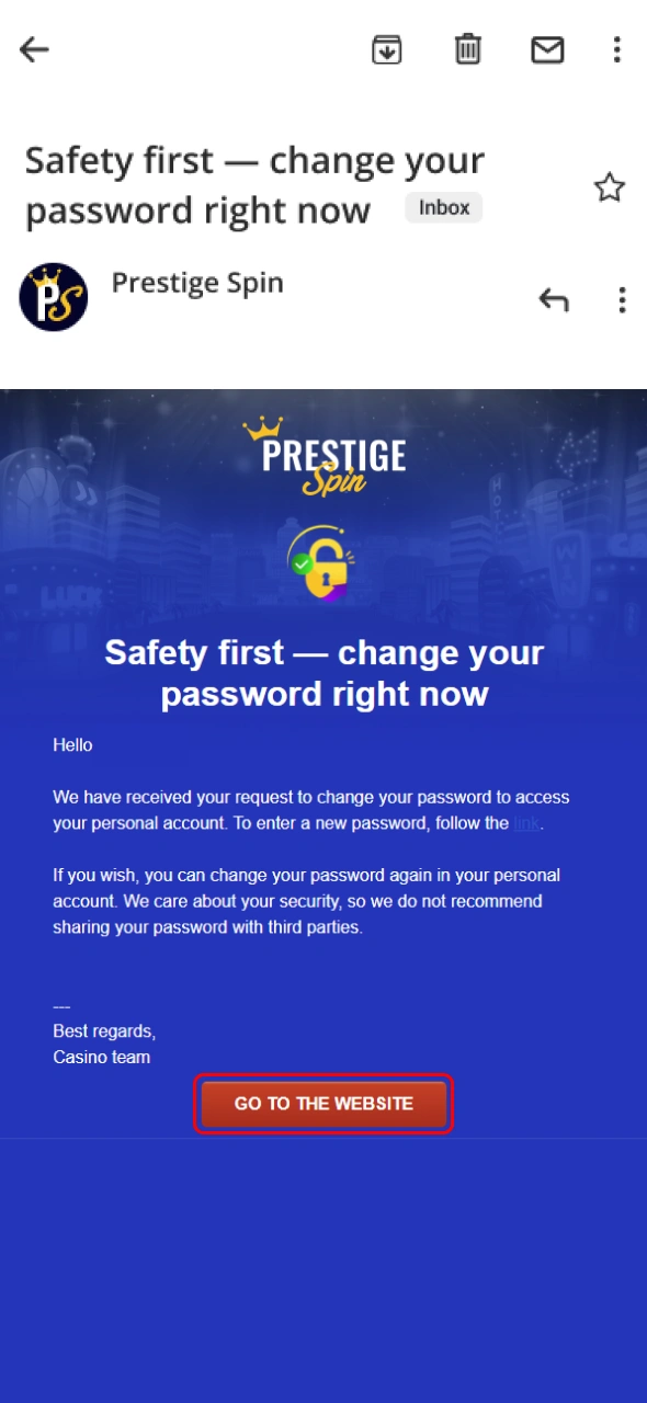 Click the Prestige Spin password reset link to continue securely.