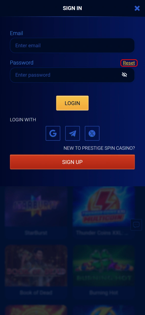 Press the recovery button to restore your Prestige Spin account access.