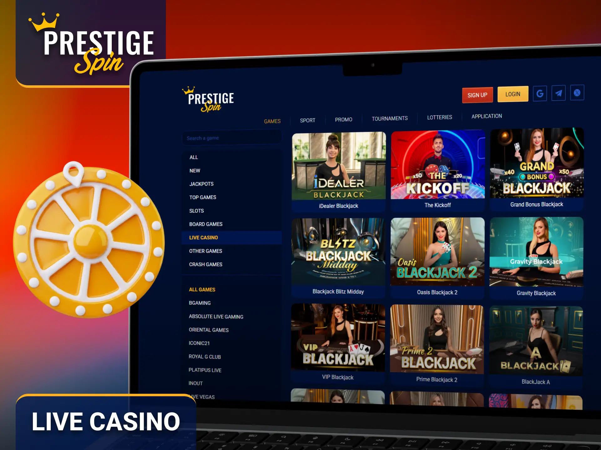 Experience real dealer games with the Prestige Spin live casino.