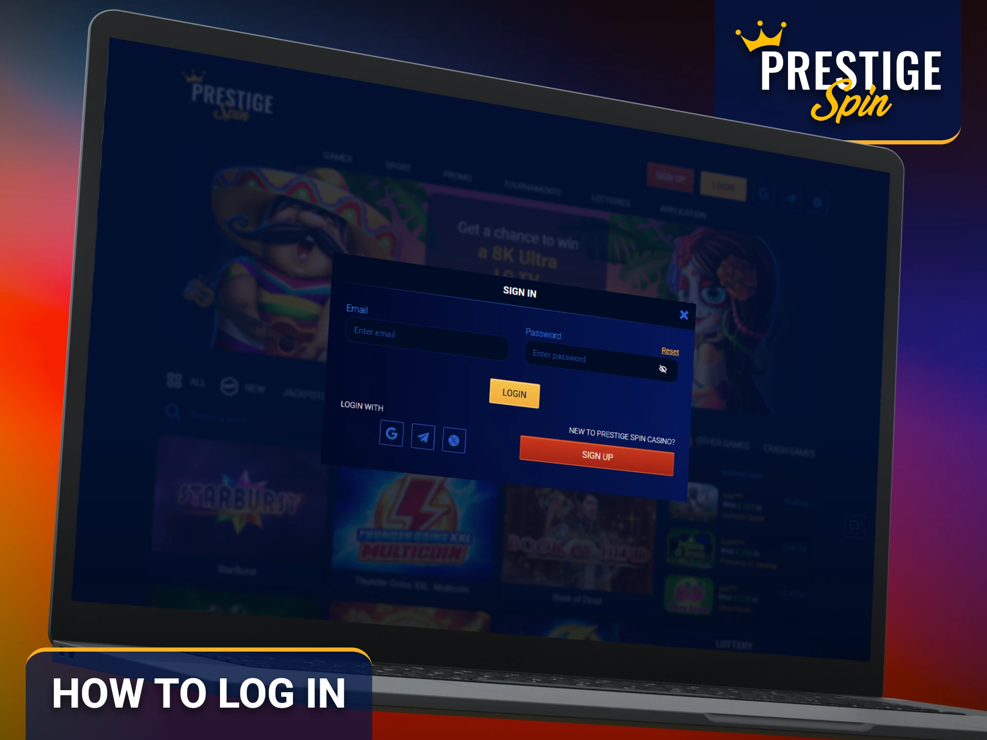 Log in to your Prestige Spin account and access your favourite games.