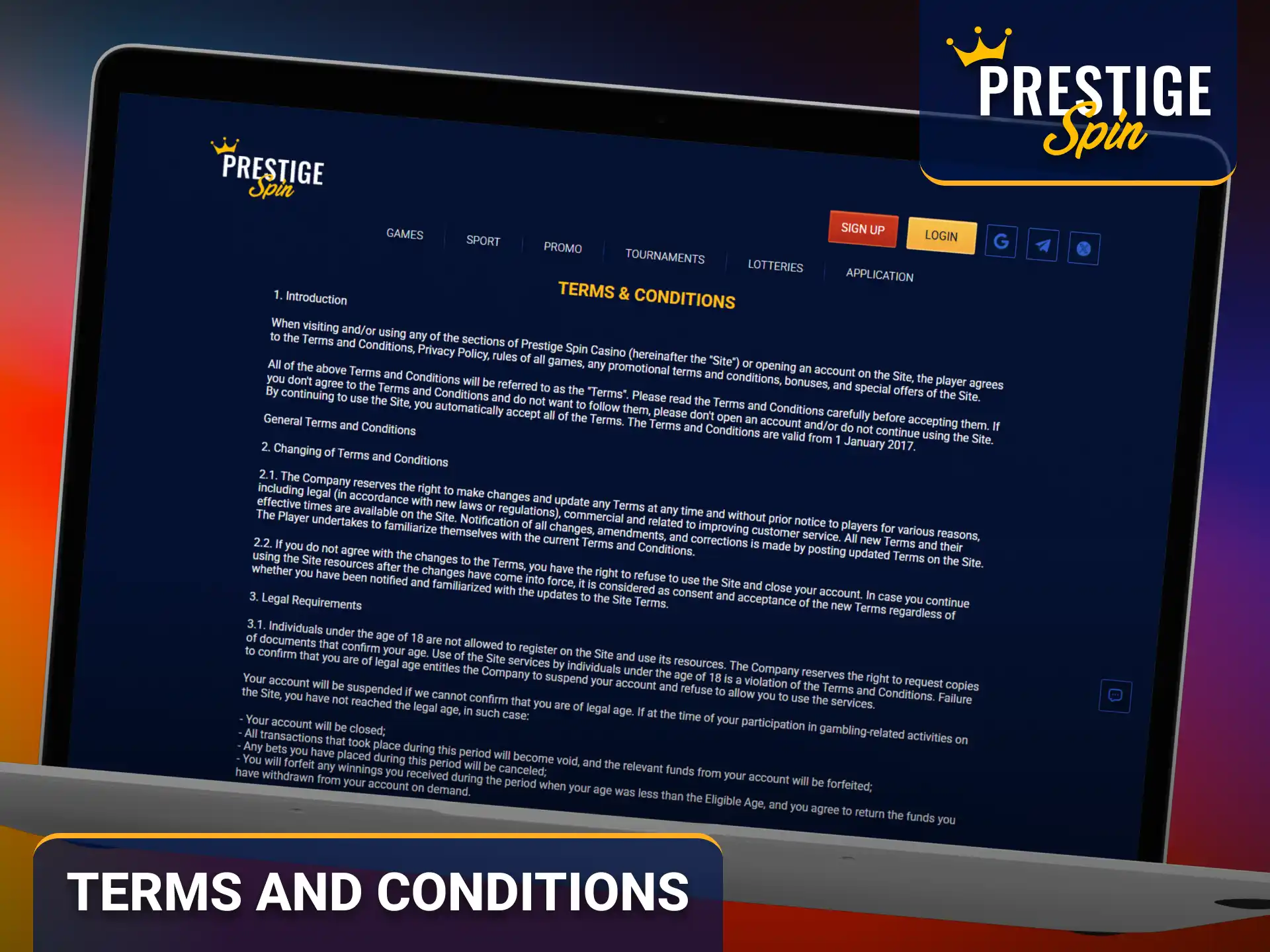 Review the Prestige Spin terms and conditions before creating an account.