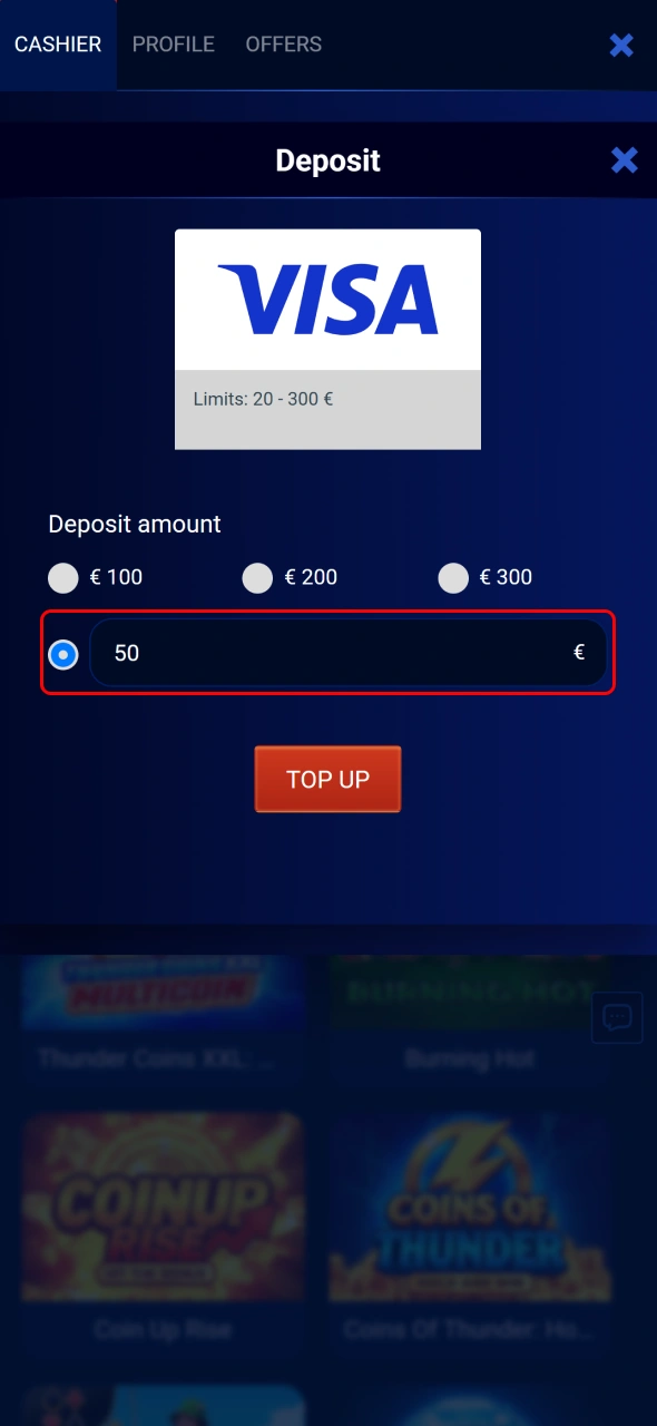 Enter your deposit amount into the Prestige Spin payment form.