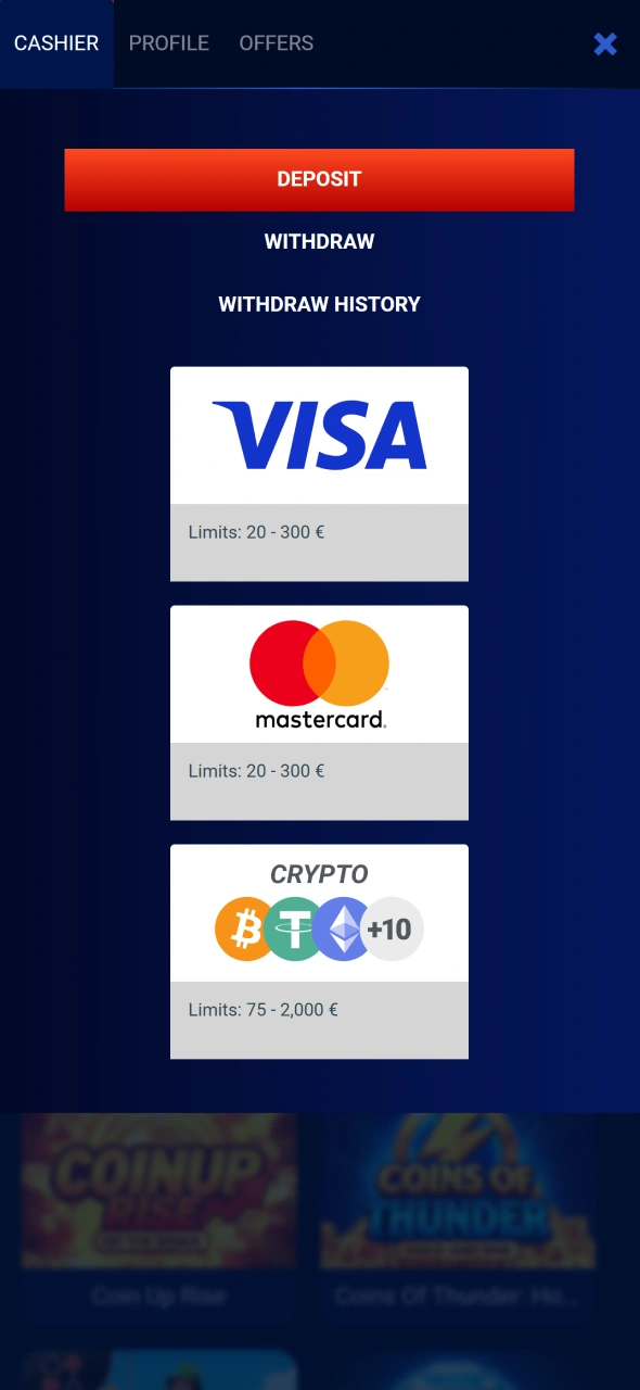 Select your preferred deposit method through the Prestige Spin platform.