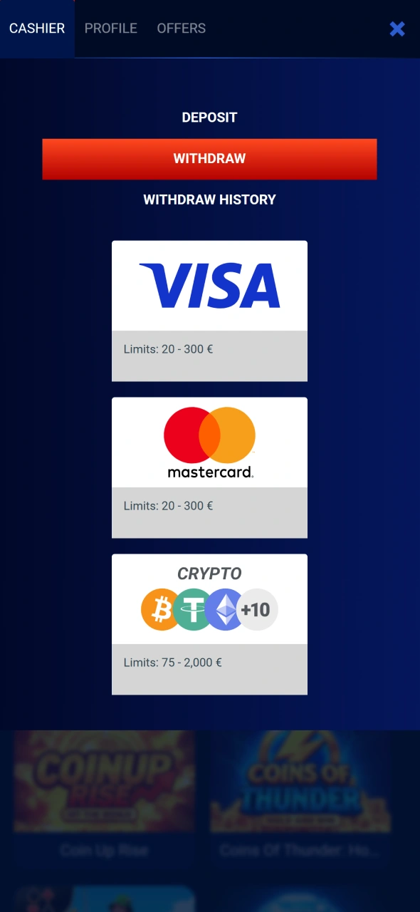 Choose your preferred withdrawal method through the Prestige Spin platform.