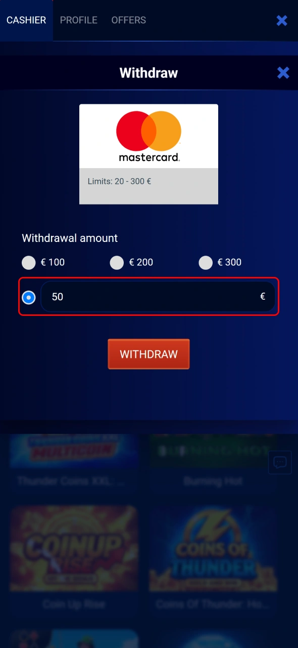 Enter your withdrawal amount and account details at Prestige Spin.