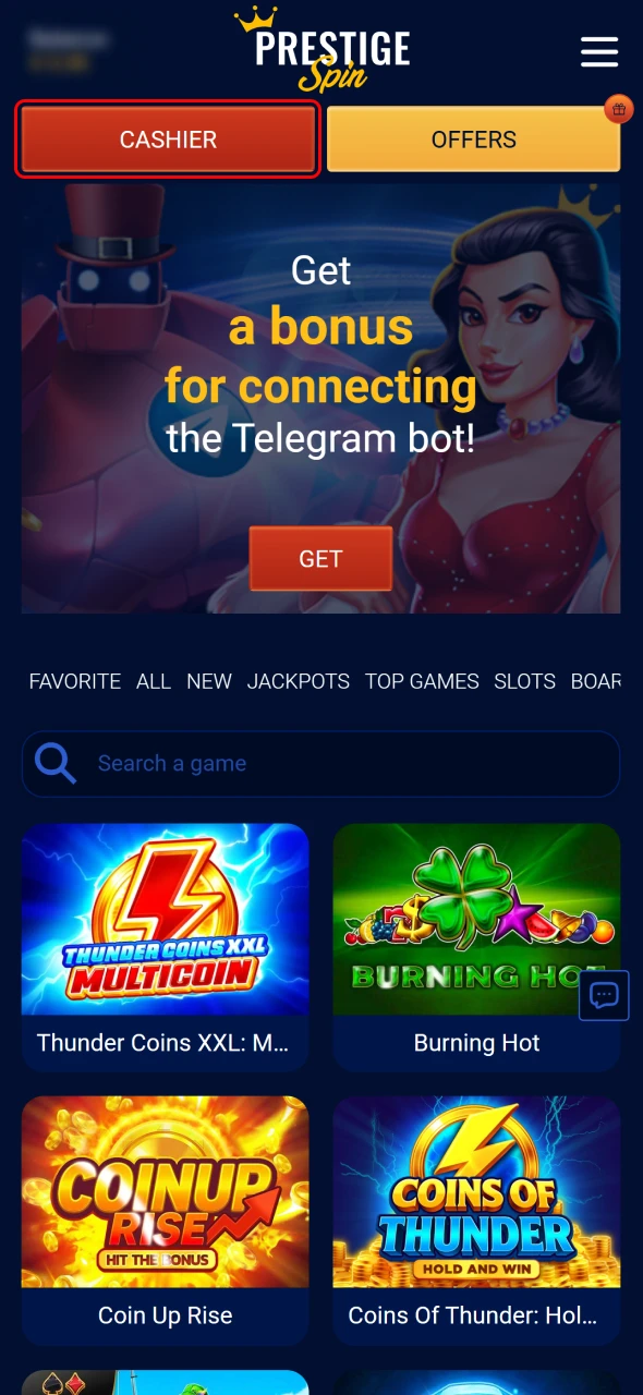 Open the withdrawal tab in your Prestige Spin account.