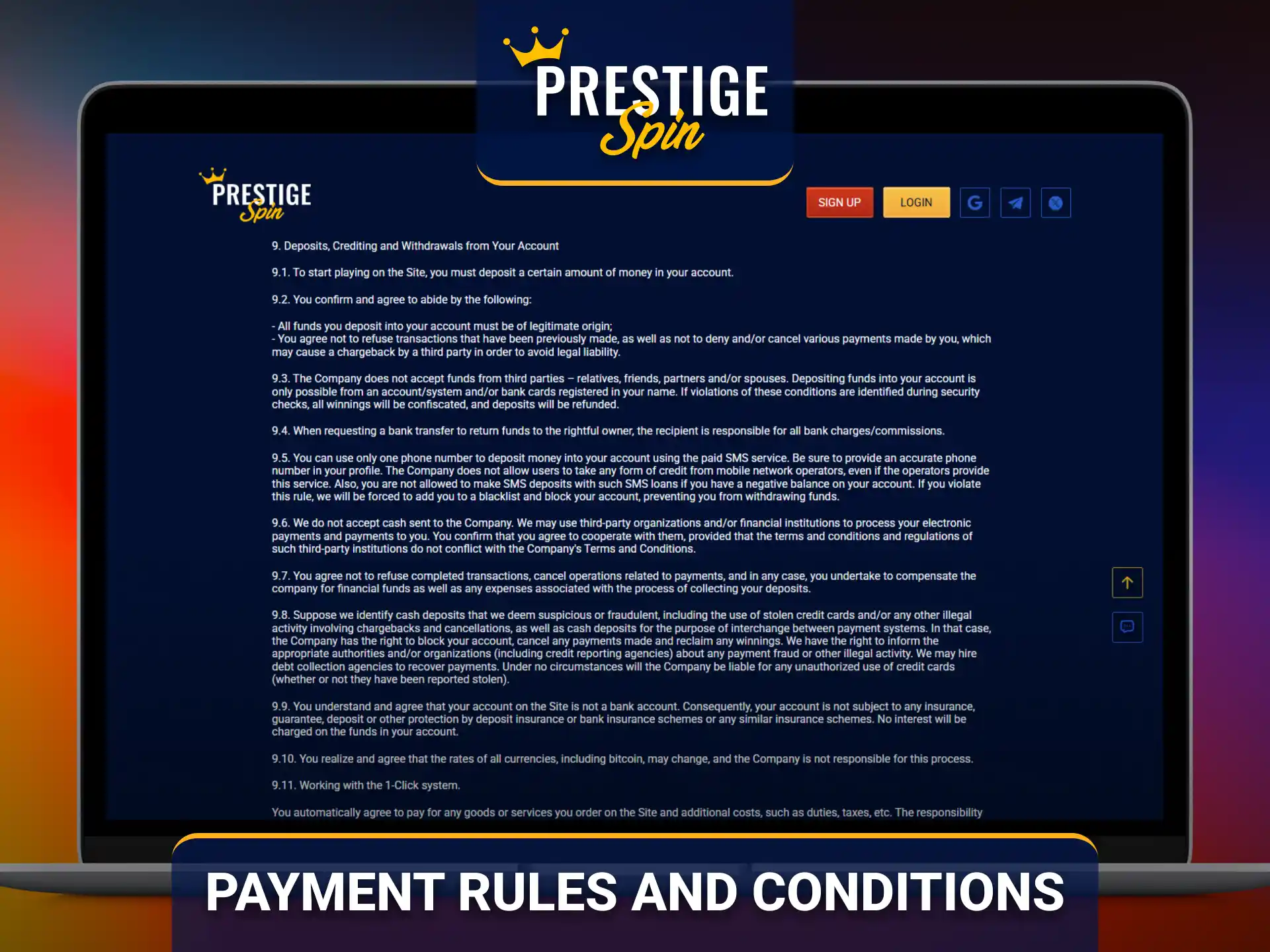 Review Prestige Spin payment rules before making deposits or withdrawals.