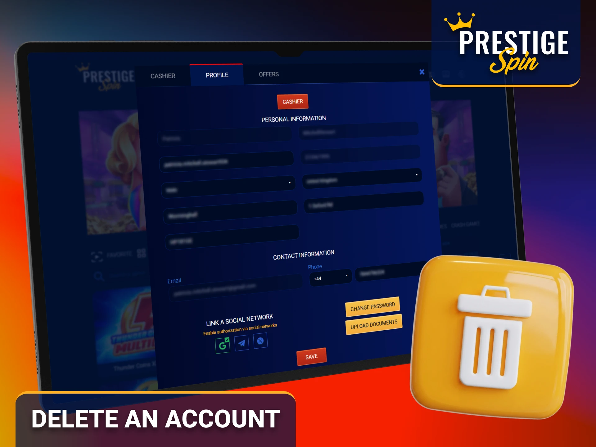 Delete your Prestige Spin account through the official account management options.