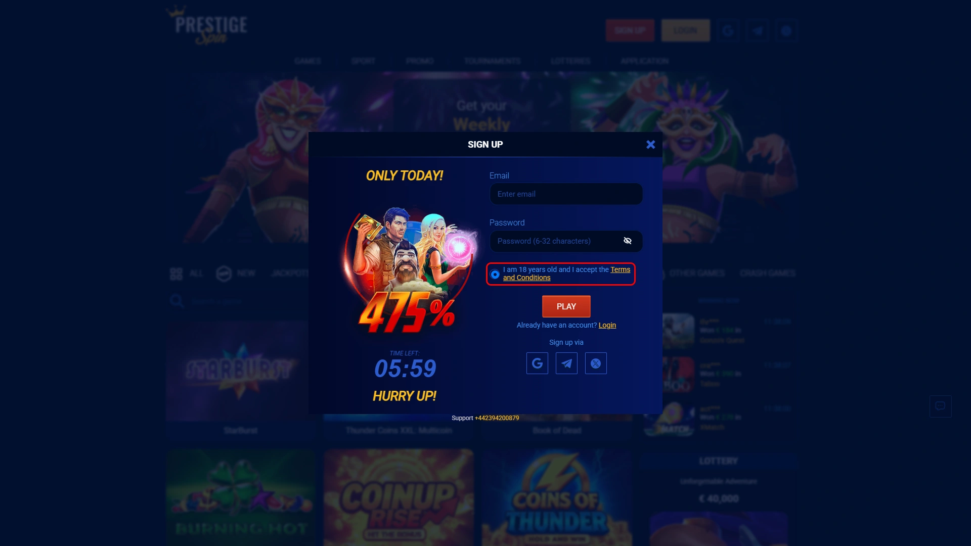 Set your Prestige Spin account preferences before completing registration.