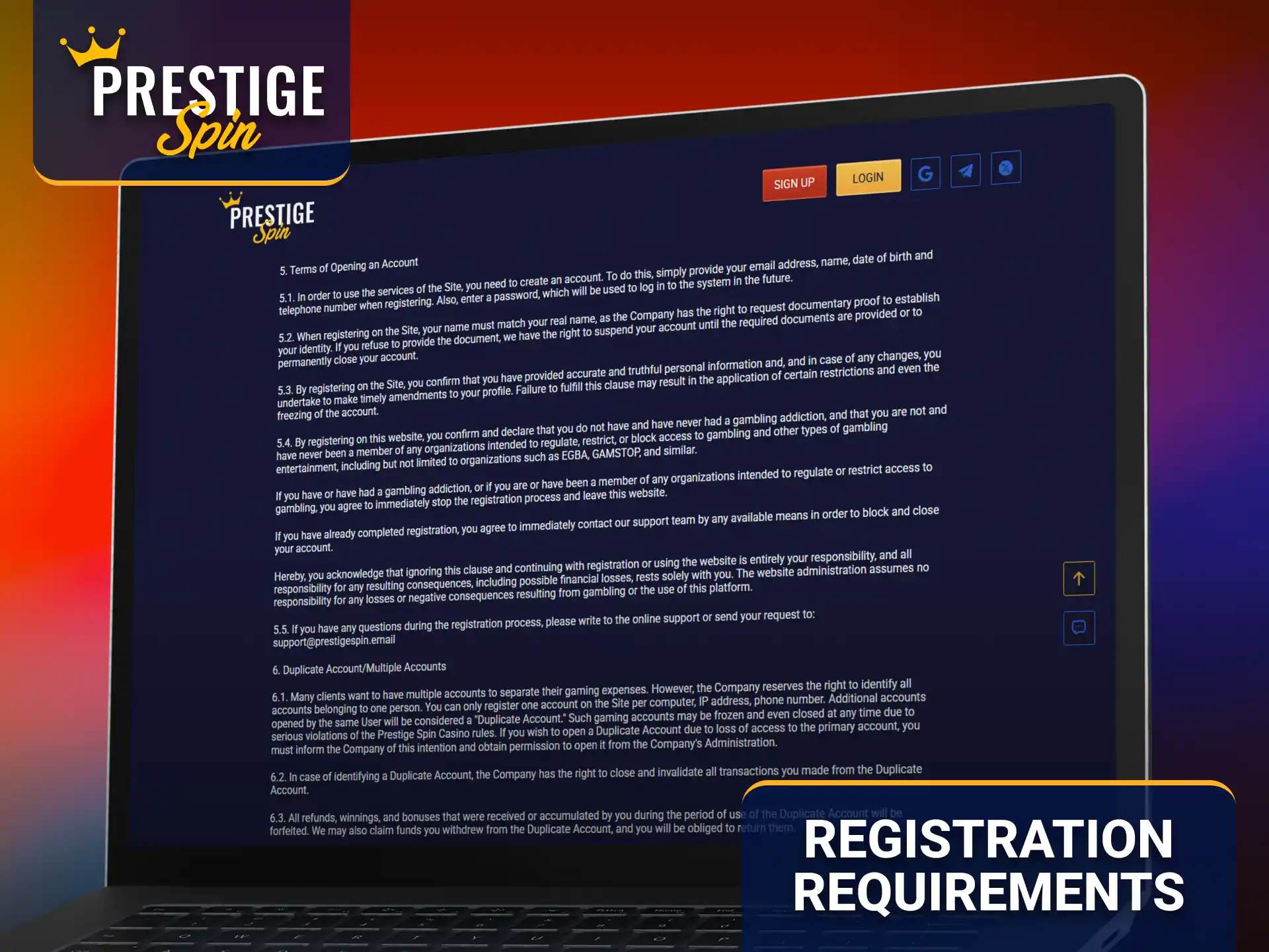Review the Prestige Spin registration requirements before creating your account.