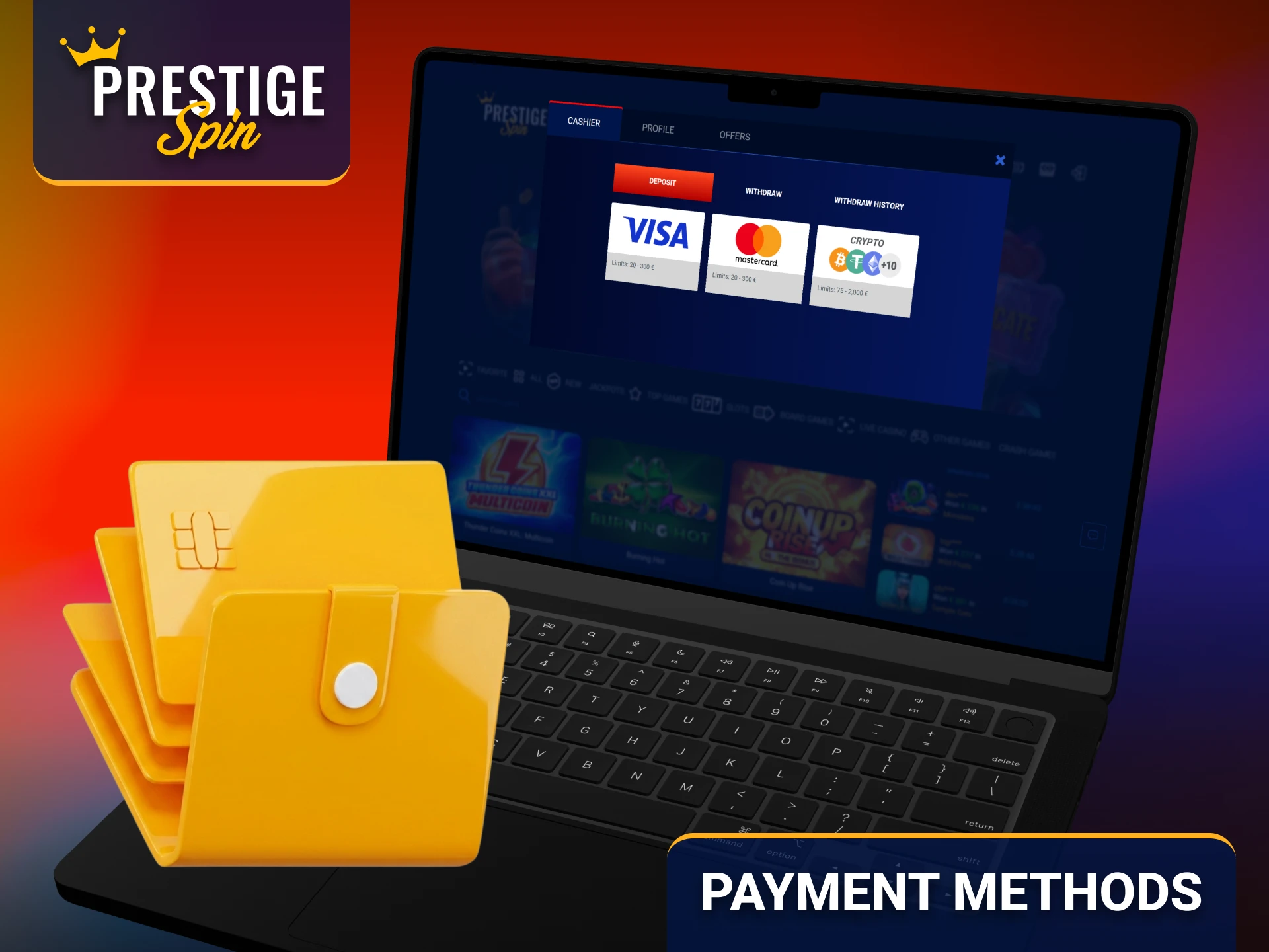 Manage deposits and withdrawals securely through the Prestige Spin platform.