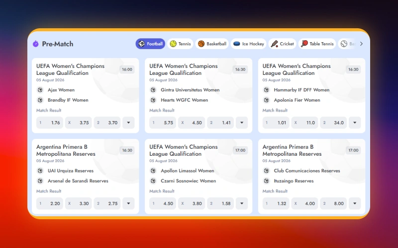 Browse pre-match betting markets with the Prestige Spin sportsbook.