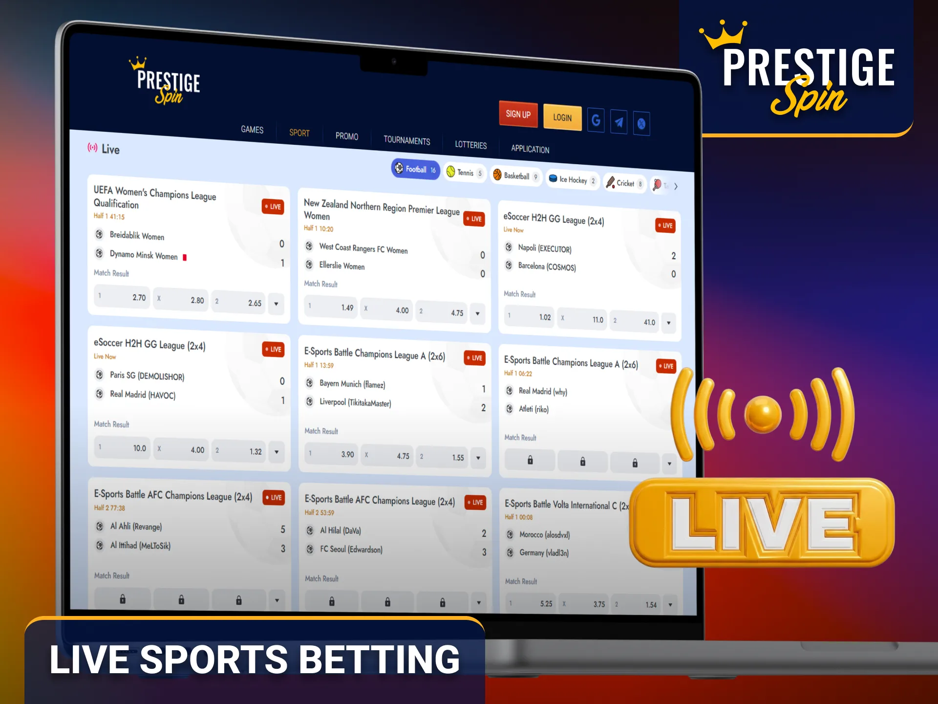 Experience live sports betting through the Prestige Spin sportsbook.