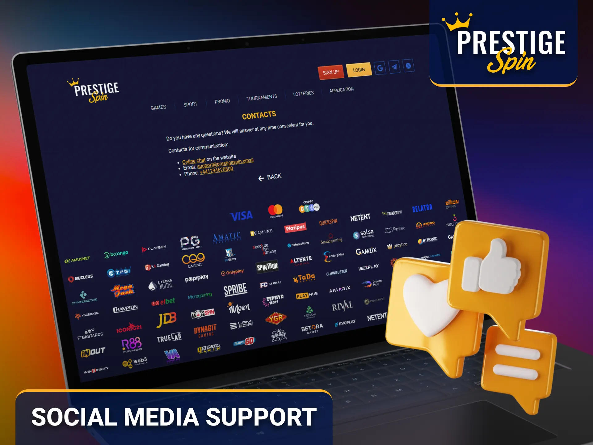 Explore Prestige Spin social media and messaging support for convenient communication.