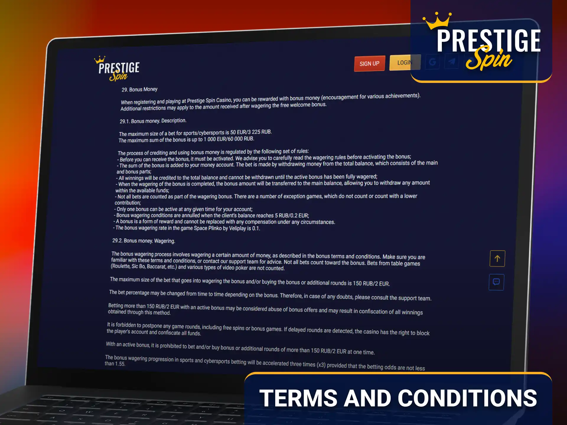 Review the Prestige Spin welcome bonus terms and conditions before claiming rewards.