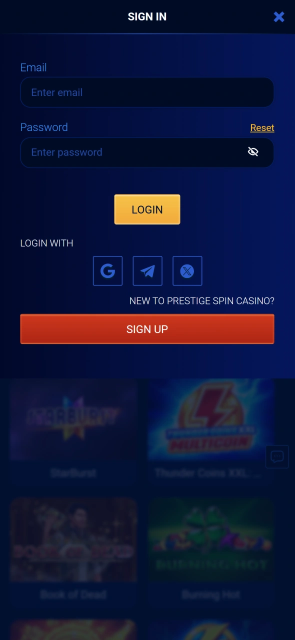 Log in to your Prestige Spin account before requesting a withdrawal.